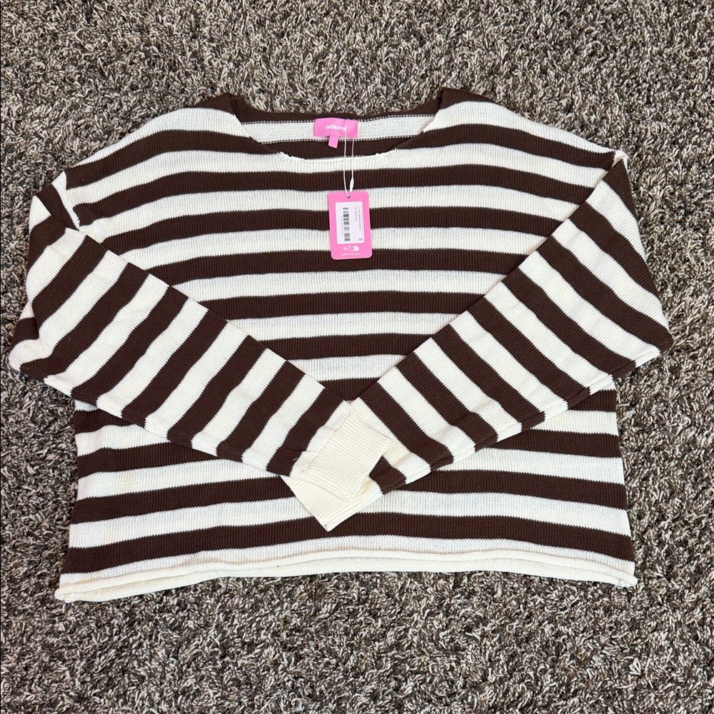 Edikted Brown & Cream Striped Crewneck Sweater